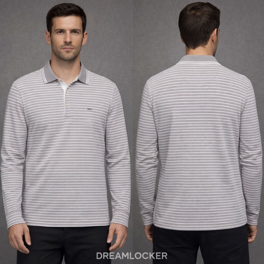Michael Kors Polo Shirt‎ Small Gray White Stripe Long Sleeve Logo Classic NEW